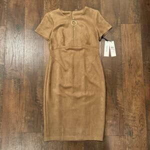 Calvin Klein Dress Womens Size 10 Faux Suede Front Zipper Sheath Luggage NWT